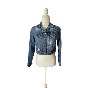 Y2K Decree Cropped Distressed Denim Jacket – Size M